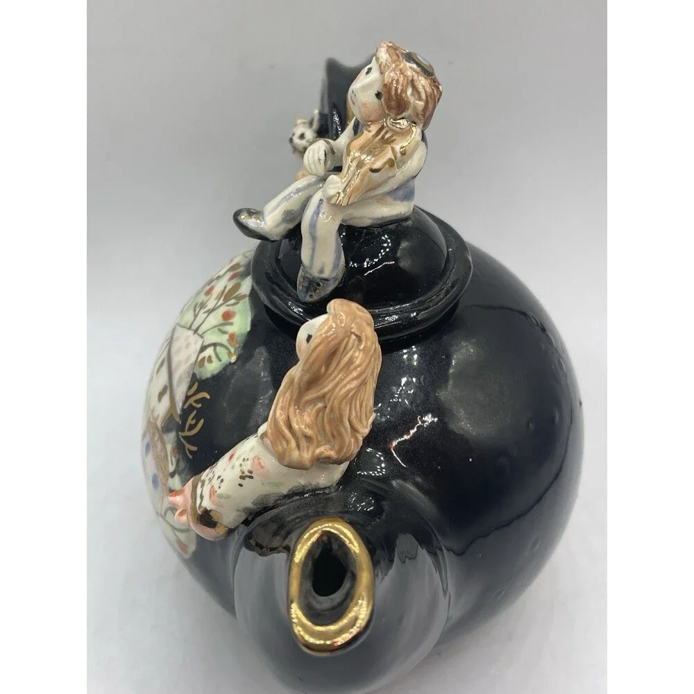 VTG Black Teapot Handpainted Signed O Gold w/ Ceramic Figures Boy Violin Cat +
